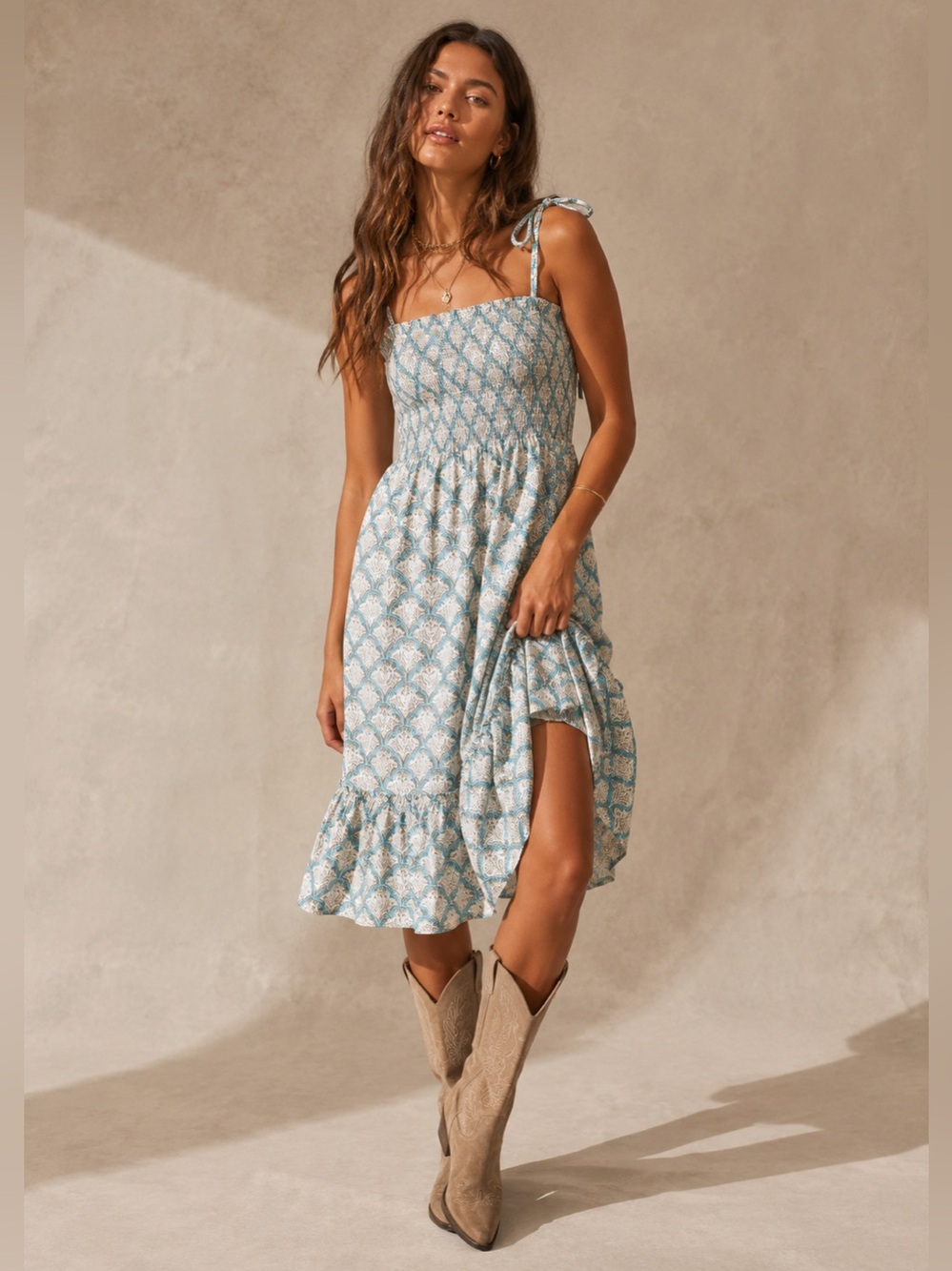 Roller Rabbit Cotton Silk Smocked Tie Strap Tiered Midi Dress | AE